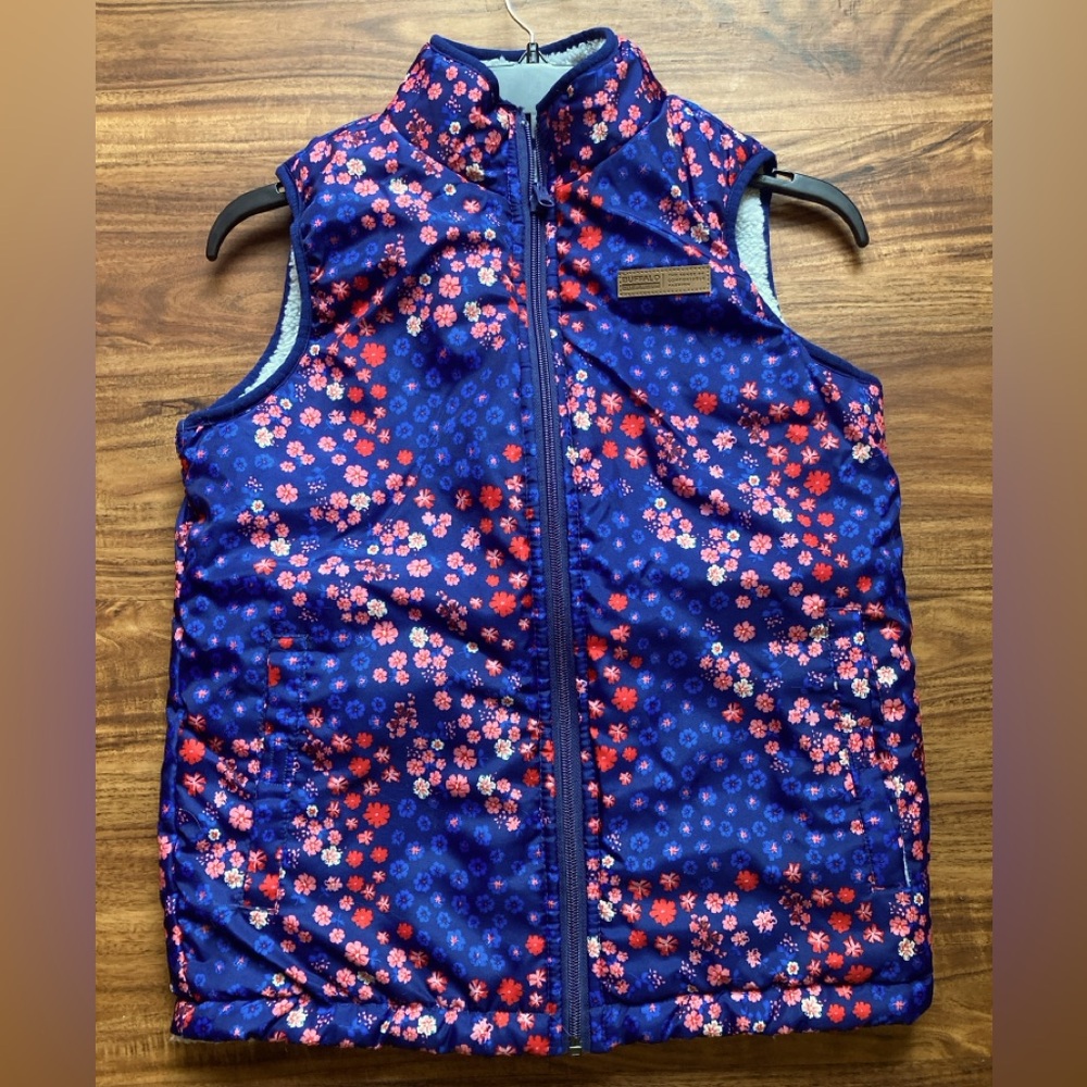 Buffalo David Bitton Girls Womens Reversible Full Zip Vest Floral Coral Blue Med